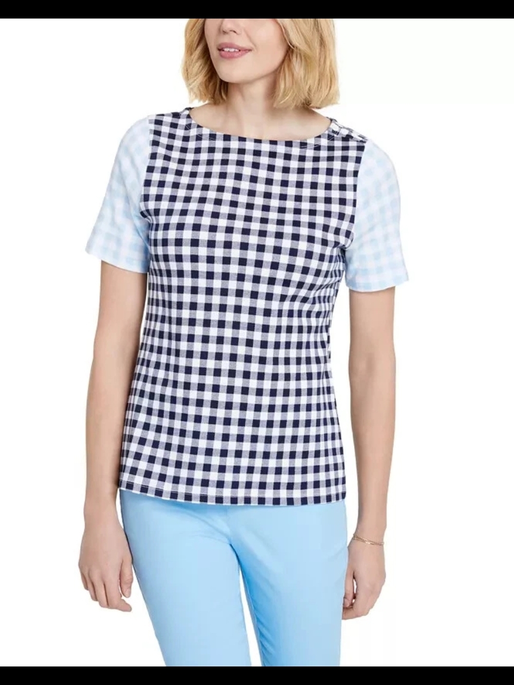Charter Club Black and Light Blue Gingham Short-Sleeve Top